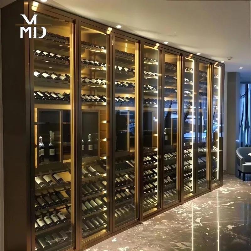 Airo Commercial Custom Stainless Steel Wine Cooler Temperature Control Glass Door Display with LED Lighting Organized Shelving