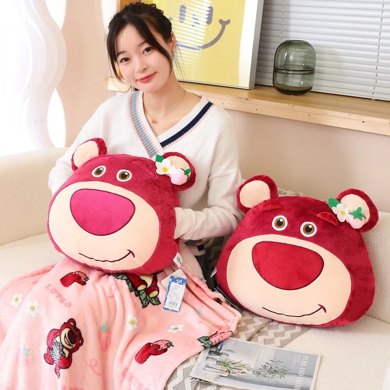 Strawberry Bear Pillow Quilt Dual Purpose Woollen Blanket Three In One Warm Sleeping Goods Toy Cushion Pillow Birthday Gift