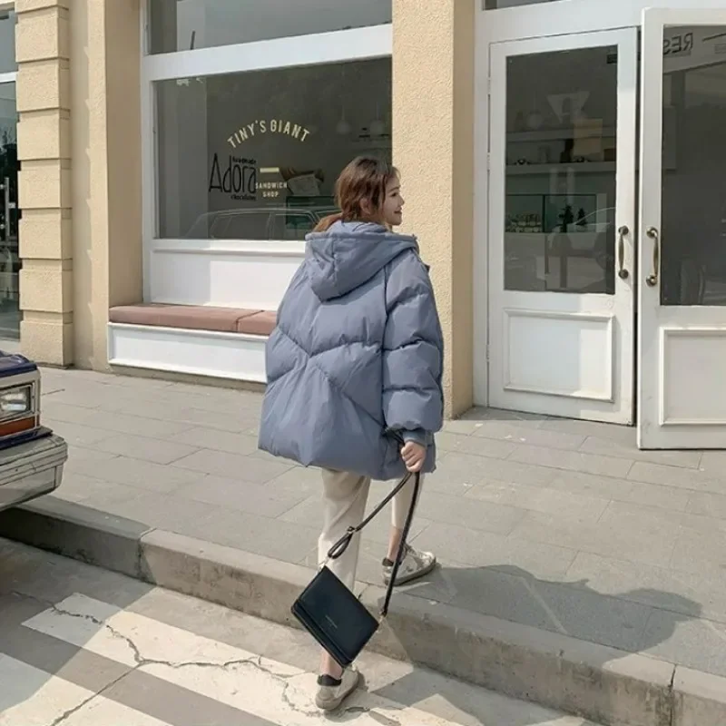 Casaco de algodão solto para mulheres, Parkas curtas, outwear grosso, sobretudo com capuz, monocromático, jaqueta feminina, curto, grosso, novo, inverno, 2024