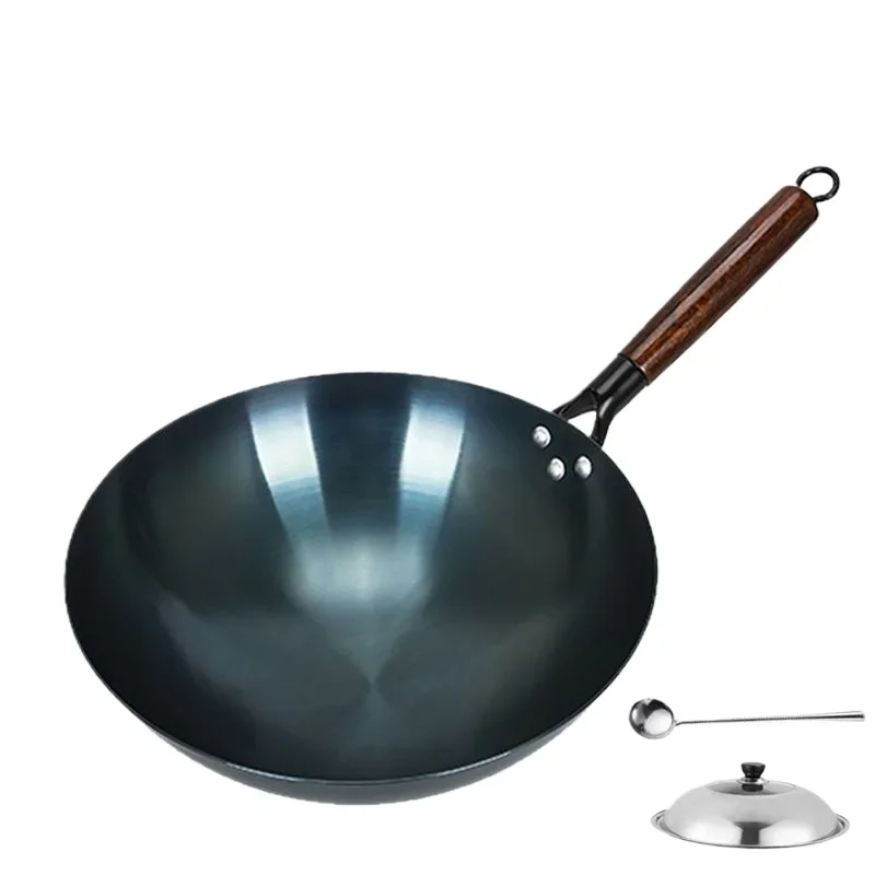 30/32/34cm Traditional Iron Wok,Non-coating Woks Hand Forged for Kitchen PanWooden Handle Wok Kitchen Gas Pot Cookware