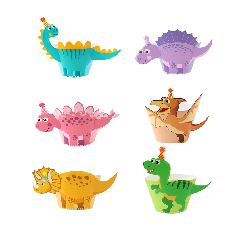 Dinosaur Cupcake Toppers Wrappers Happy Birthday Cake Topper Picks Decoration for Baby Shower 1st Birthday Theme Party Supplies