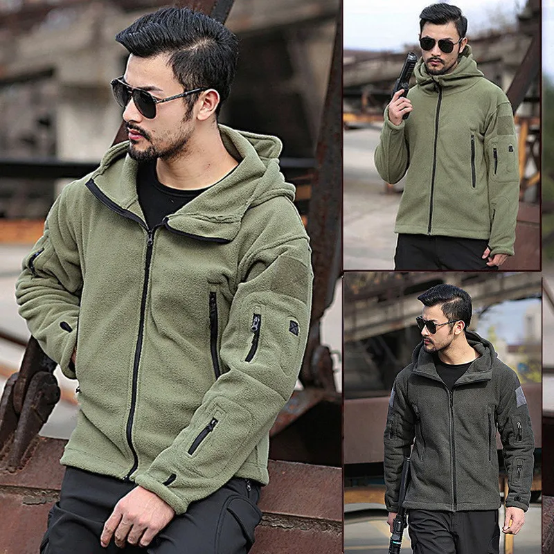 Men\'s Outdoor Hiking Hooded Coats Warm Military Tactical Sport Fleece Hoodie Jacket Multi-Pockets