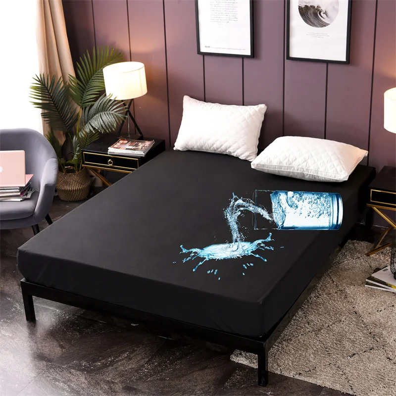 Waterproof Mattress Protector Cover Queen Size 14 inches Deep Pocket Polyester Bed Cover Solid Color Fitted Sheet (Black, Queen)