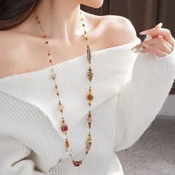 Butterfly Flower Brown Ceramic Simple Artificial Crystal Beaded Stackable Long Sweater Chains Retro Ethnic Style Design Necklace