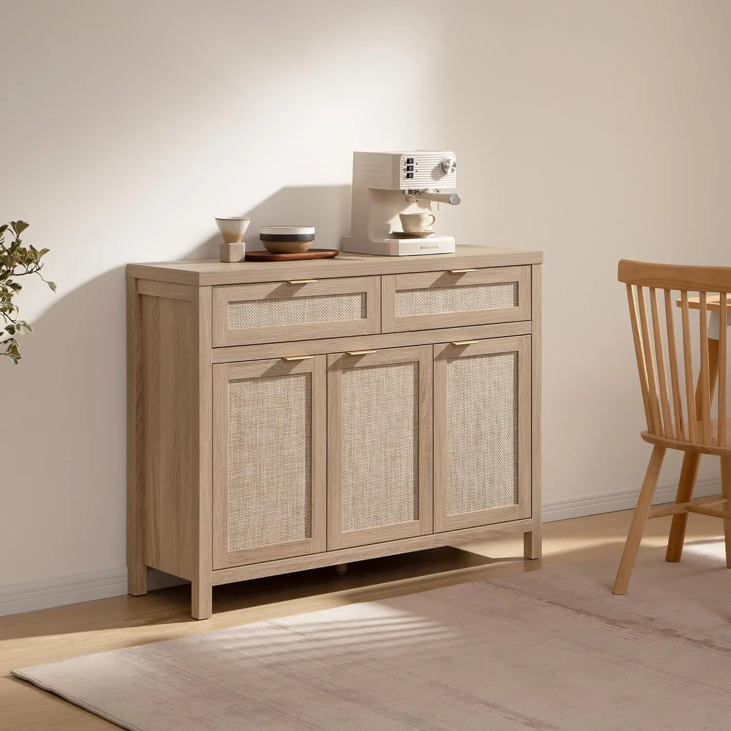 Credenza in rattan con 3 ante e 2 cassetti, credenza Boho per cucina o soggiorno, rovere chiaro