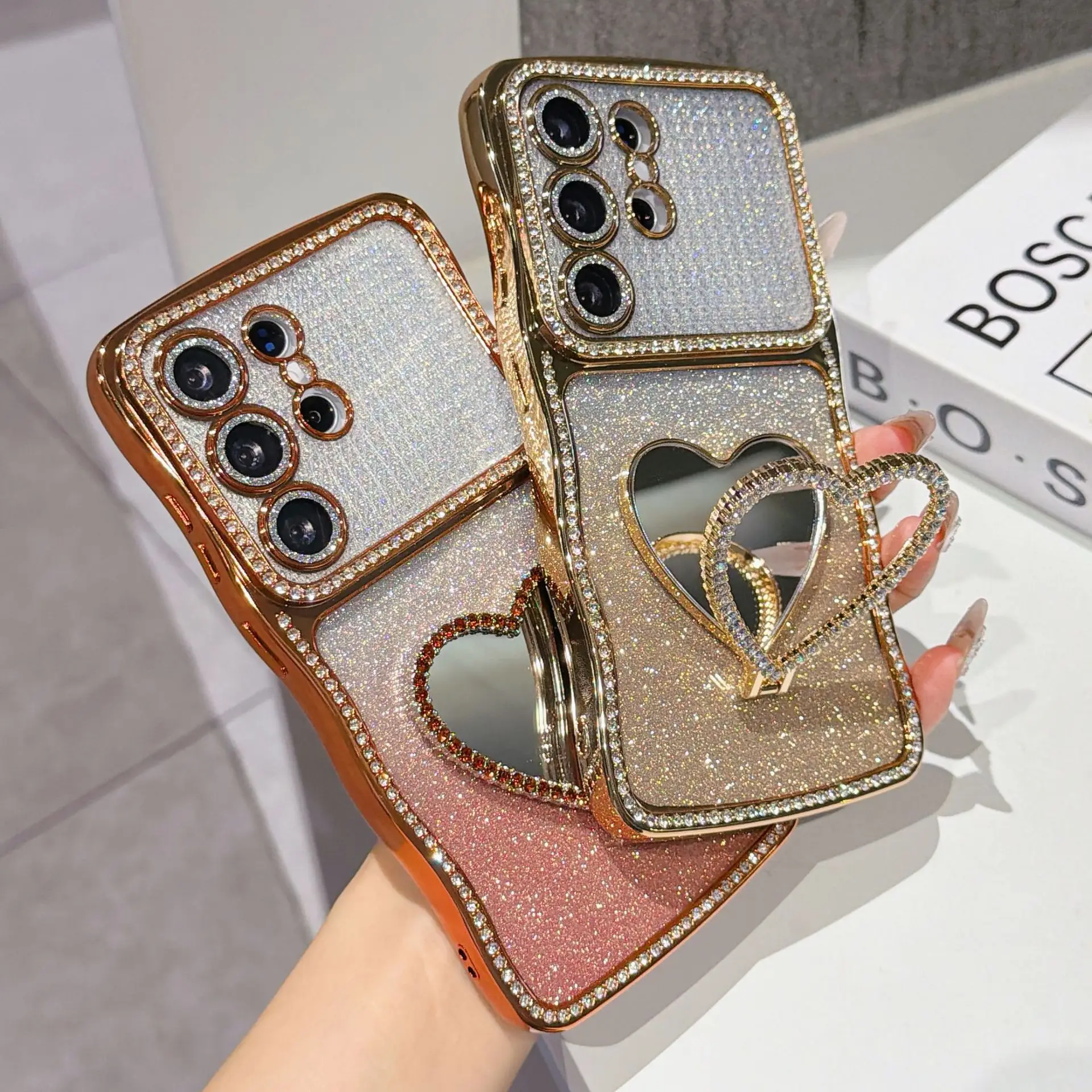 Gradient Glitter Wavy Case, Star Rhinestone Heart Mirror Stand for Samsung S24+ S25 S26 Ultra