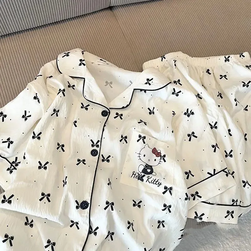 جديد مرحبا كيتي 2 قطعة منامة مجموعة Kawaii النساء قصيرة الأكمام السراويل لطيف جديد الفتيات طالب المنزل الملابس مجموعة الكرتون ملابس النوم