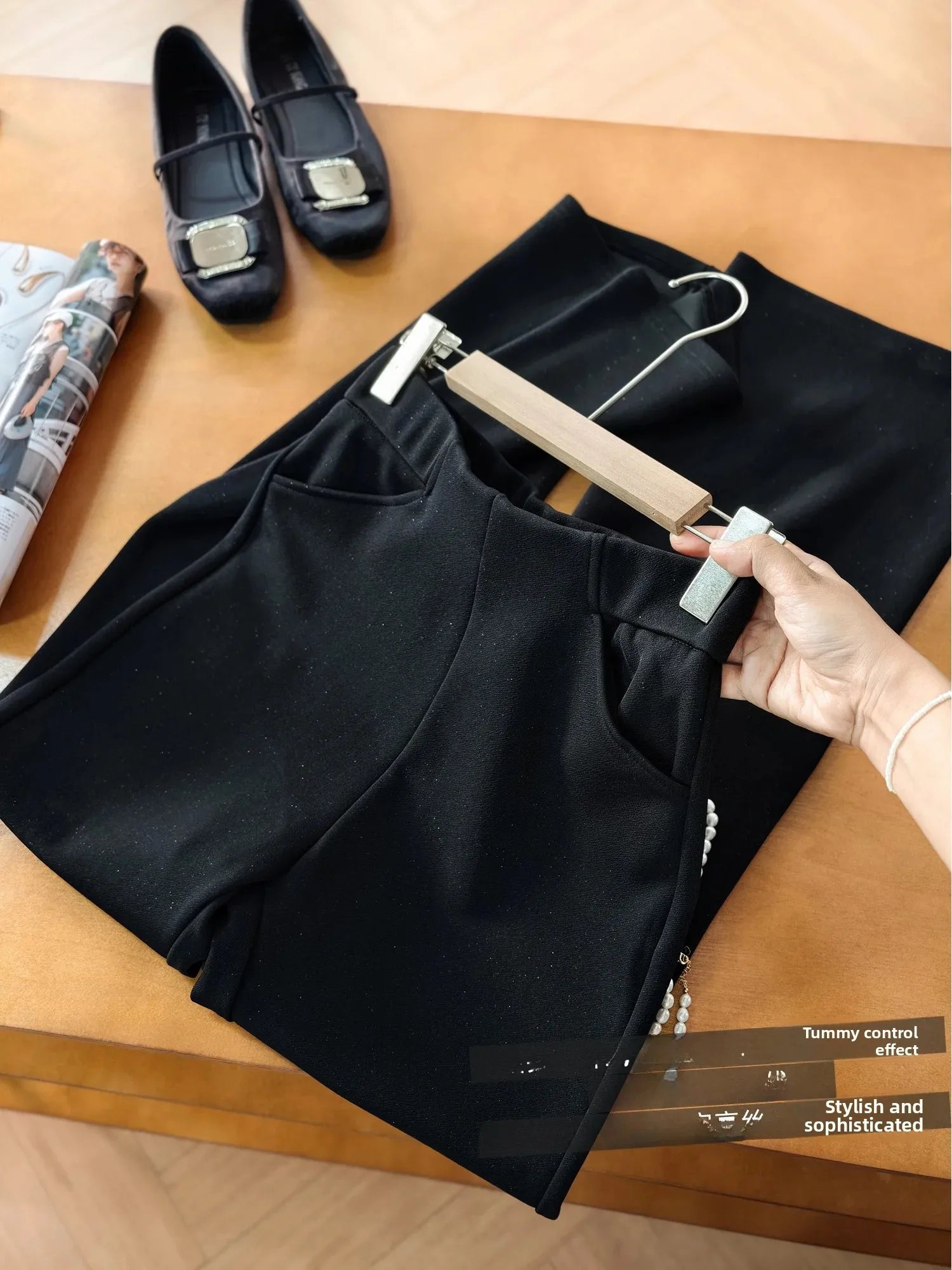 Slimming Micro Flared Little Black Pants High Waist Polyester Fiber 95% Spandex 5% Custom Made Shiny Thread Bright Silk