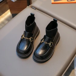 2023 New Black Chains Kids Girls Sock Boots Black Korean Style Versatile Soft Breatheable Simple Children Fashion Short Boots