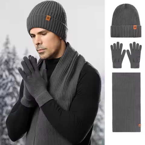 Warm Soft Winter Fleece-lined Knitted Hat Scarves & Touch Screen Gloves 3-Pcs Set for Outdoor Activities