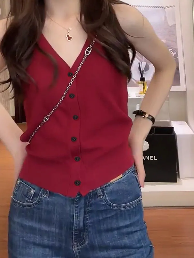 Retro Hong Kong Sle Single Button Design Svel Gebreid Vest Dames Zomer Nieuwe Pittige Afslanktop Pendelen Sle