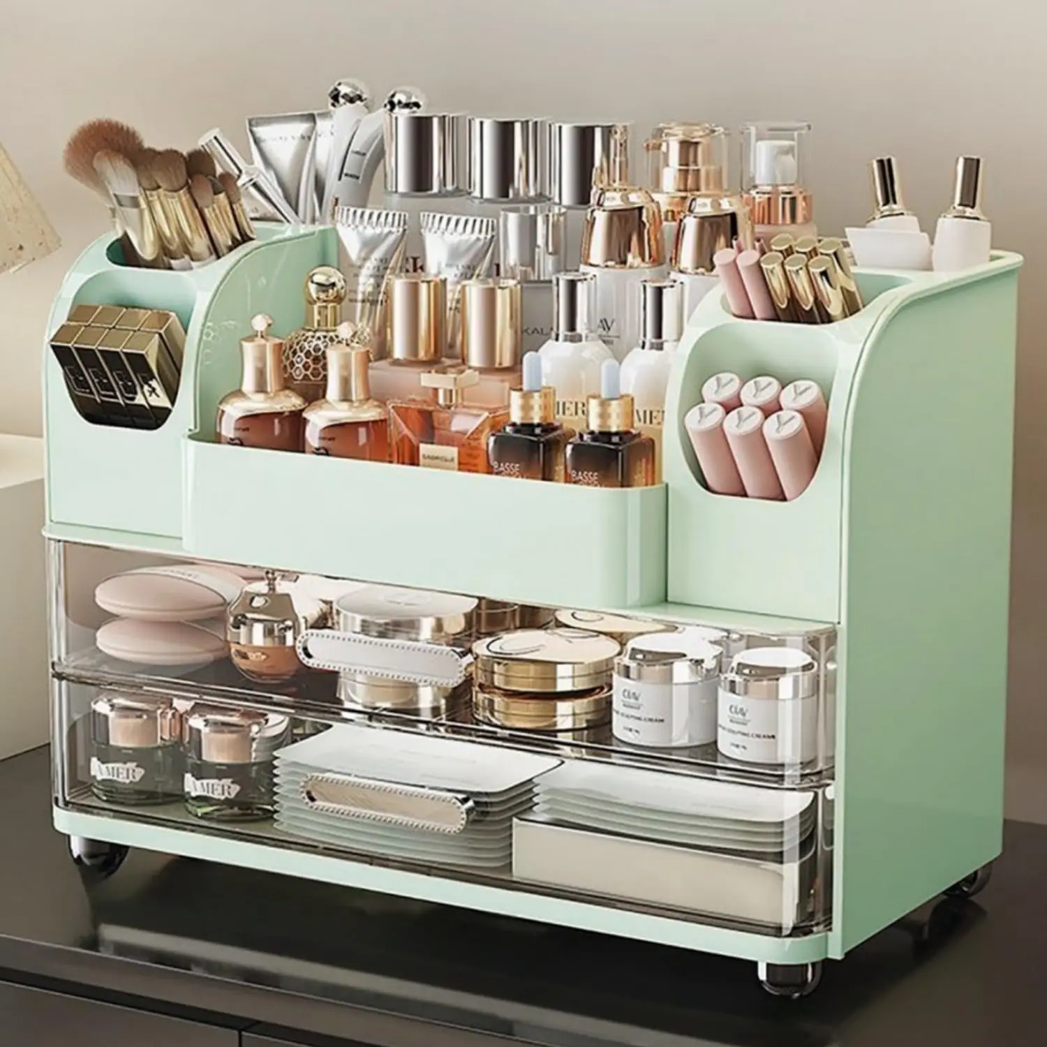 

Зеленый косметический органайзер с ящиками для туалетного столика и ванной комнаты, футляр для хранения помады и кистей для ухода за кожей