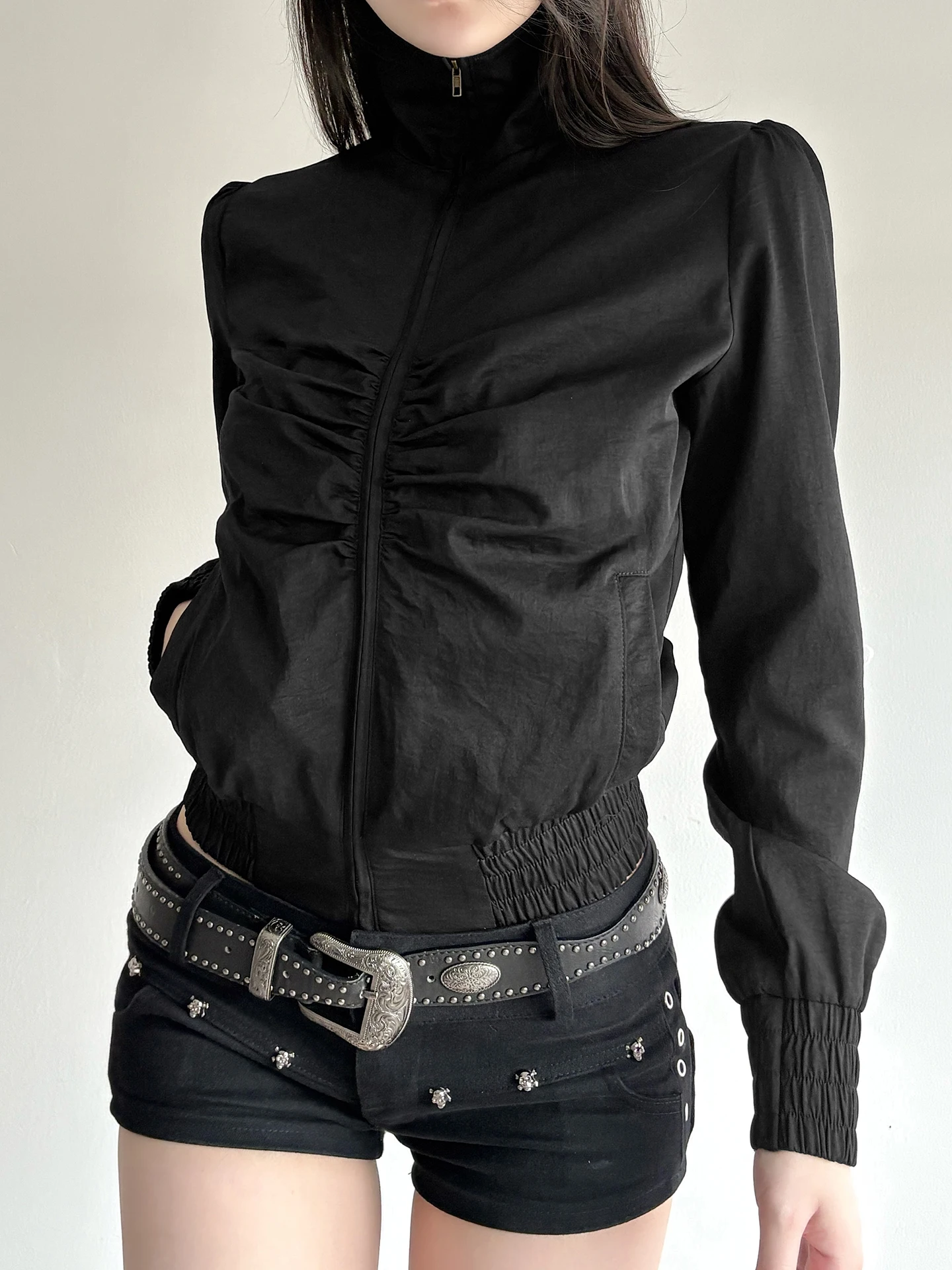 

WEEKEEP Bla Street Sle Zipper Long Sve Jaet Женская плиссированная рабочая одежда с воротником-стойкой и застежкой на талии Верхняя одежда