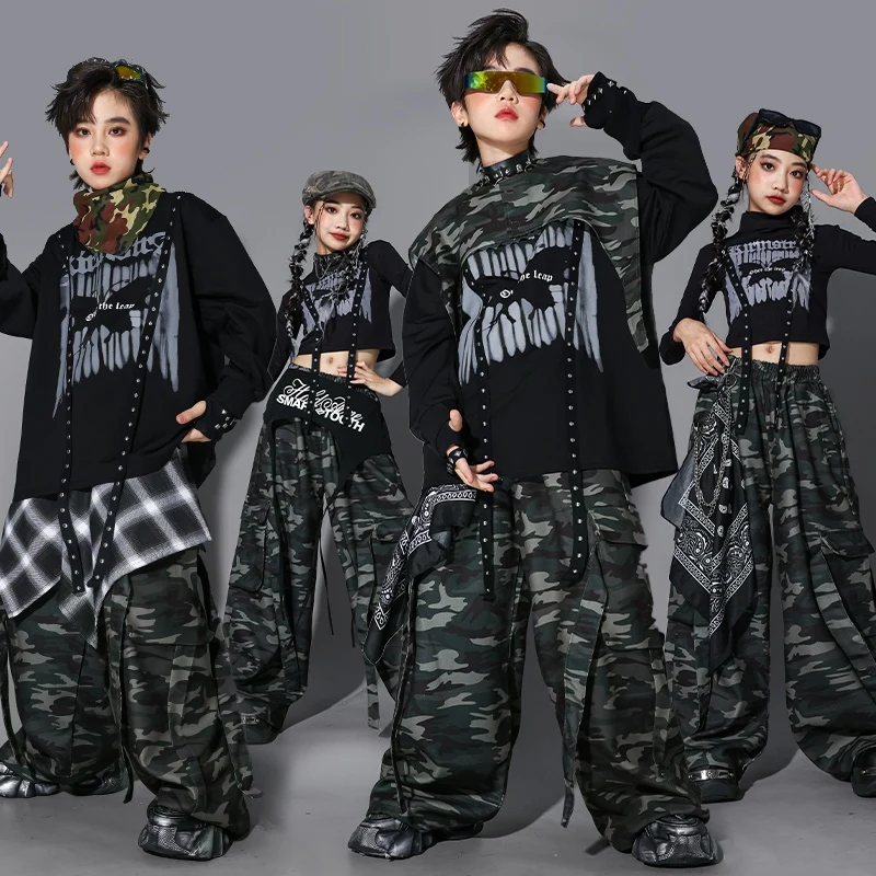 Kpop Cool Jazz Dance Kleidung Mädchen Schwarz Tops Lange Ärmel Camouflage Hosen Jungen Hip Hop Wettbewerb Kleidung Bühne Tragen BL17096