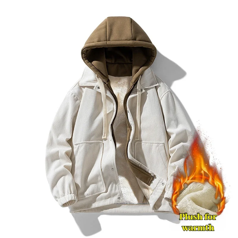 2024 Autumn and Winter Corduroy Men's and Women's Hooded Jacket, Warm Hong Kong Style Vacation Two-piece Hoodie Jacket