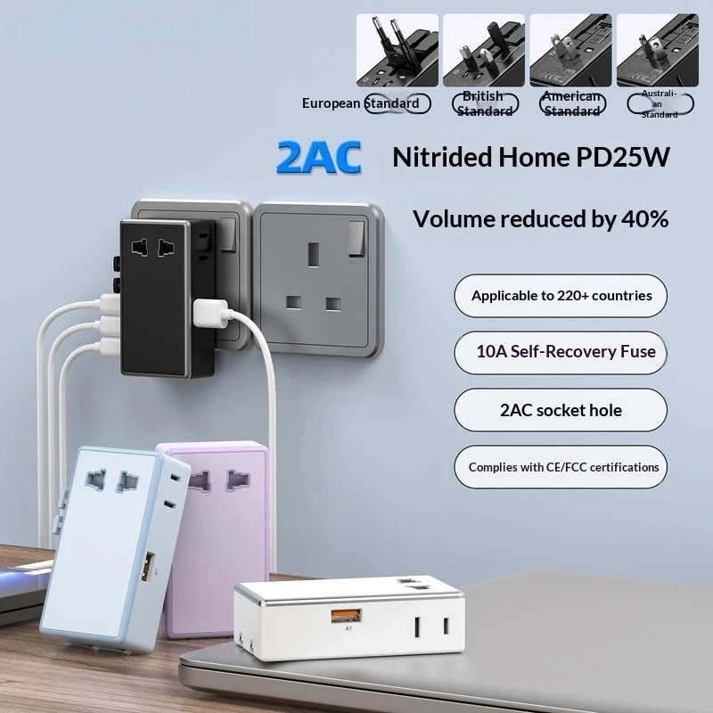 OULIYO GaN 25W PD Fast Charger Travel Adapter Universal Worldwide Multi Plug Socket For 220 Countries Business Trip Use