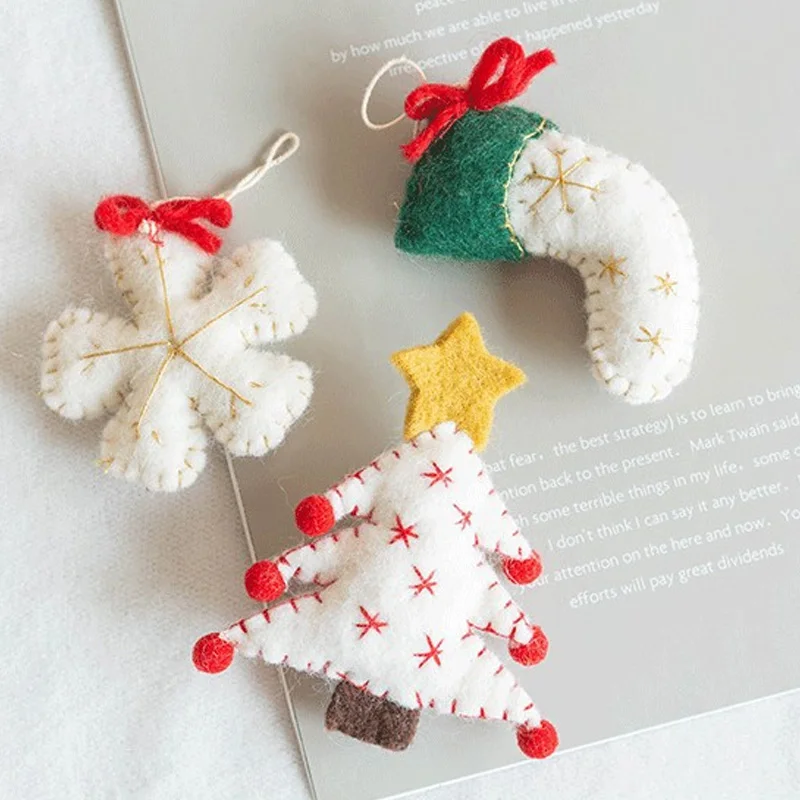 Mini Felt Christmas Pendant Star Pompom Xmas Tree Snowflake Bow Socks Drop Ornaments Hand Sewing Wool Felt Crafts Party Decorate