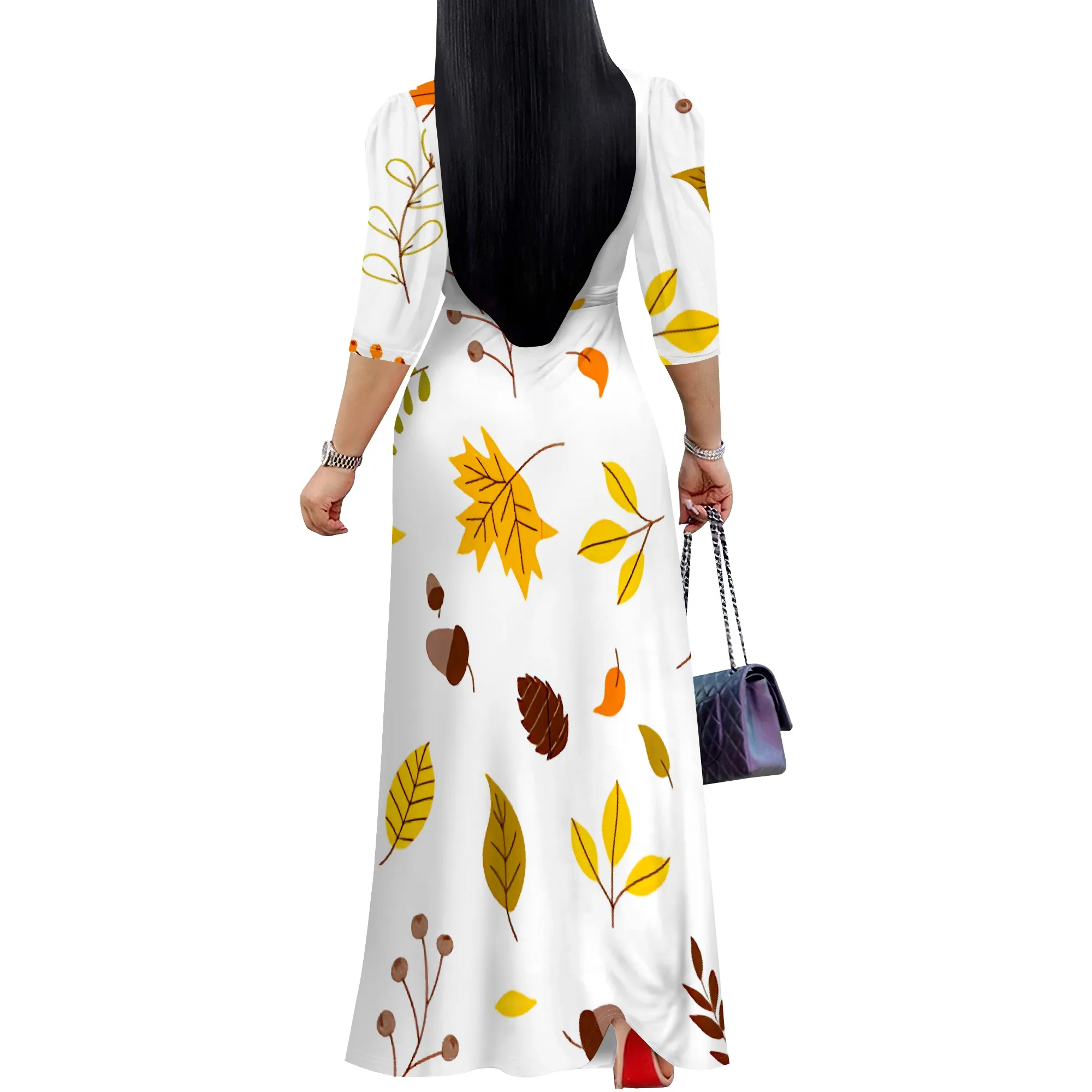 Plus Size Fall Leaf Print Maxi Dress V Neck Long Dress for Autumn Picnic or Thanksgiving