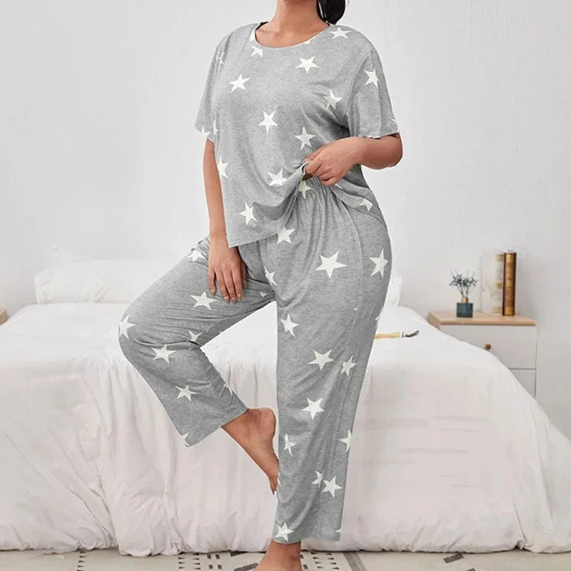 

5XL Big Size Pajamas For Women Summer Autumn Faux Cotton Pajama Set Short Sleeved Casual Loose Luxury Print Sleepwear Pijama