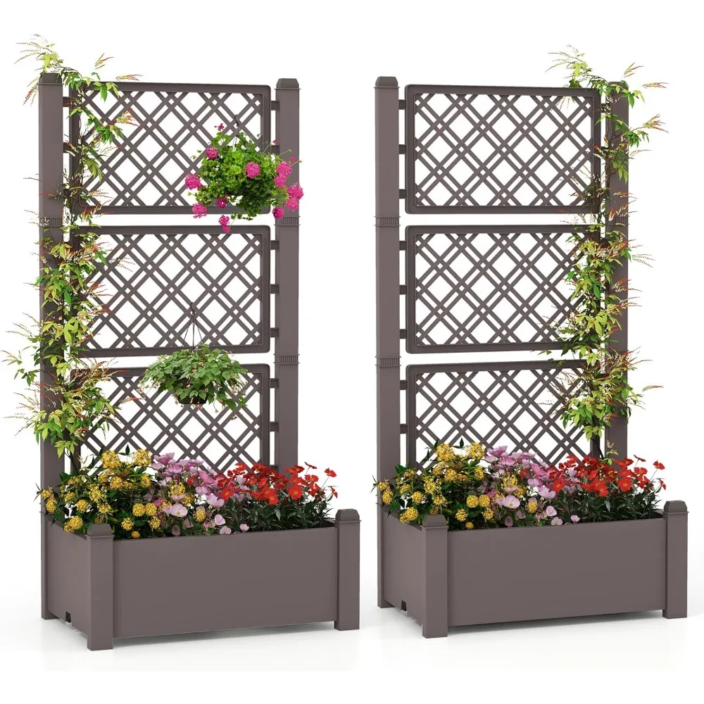 2 Pieces Garden Planter with Trellis, Self Watering Raised Garden Bed with Drainage Hole & Water Level Monitor, Outdoor Planter