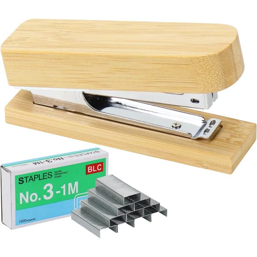 Bamboo Wood Stapler for Desk Heavy Duty 25 Sheet Capacity Vintage Wood Stapler with 1000 Staples Office Desktop Staple Desk Acc