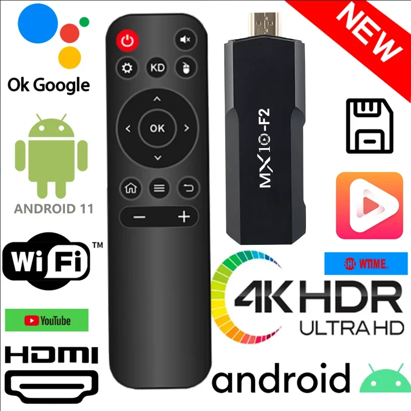 جهاز Android TV Stick MX10 F2 DDR3 1GB RAM EMMC 8GB Storage Android 11 Allwinner RK3228A جهاز بث تلفزيون رباعي النواة