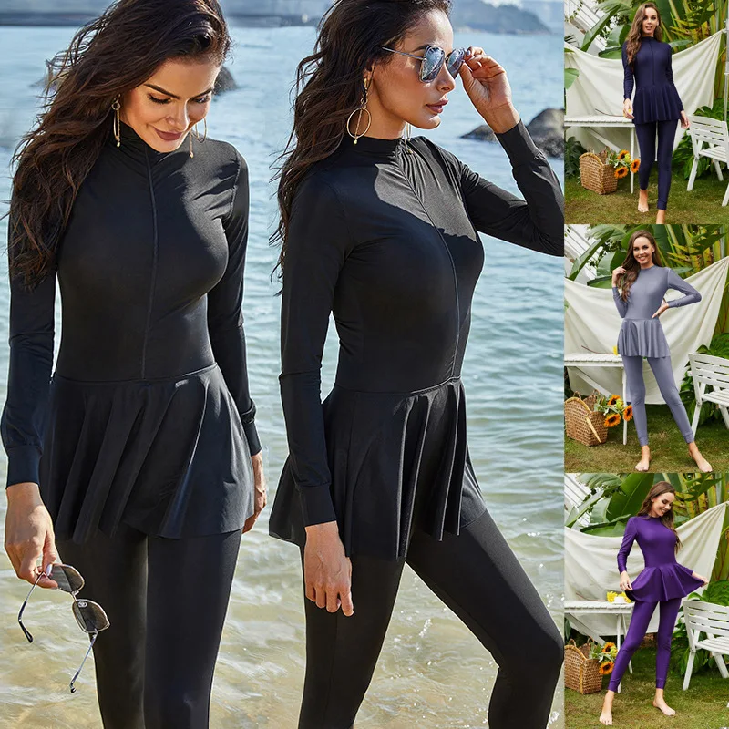 S-5XL Burkini Muslim Woman Swimwear 2026 Full Swimsuit Solid Long Sleeve One-piece Trousers Islamic Bathing Suit Rash Guard