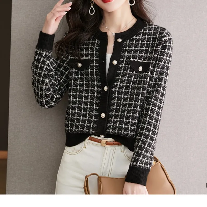 Autumn Korean Fashion Vintage Plaid Patchwork Cardigan Sweater Ladies Loose Casual All-match Knitted Coat Buttons Outwear NS5781