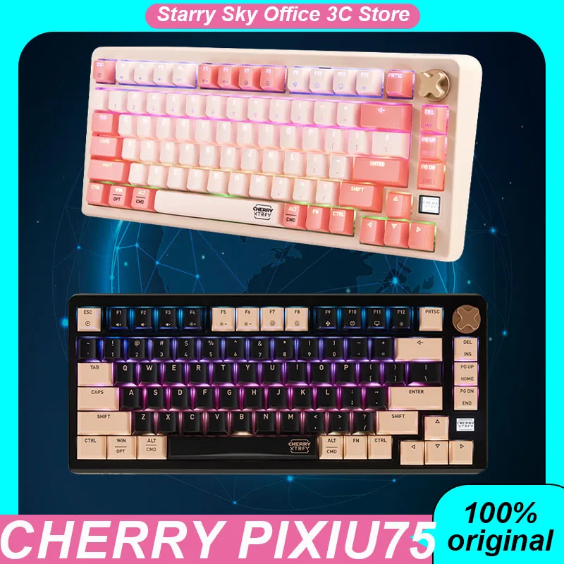 Cherry Pixiu75 Mechanical Keyboard Wireless 3mode Led Display Screen Multi Functional Knob Hot Swap Rgb Customized Game Keyboard