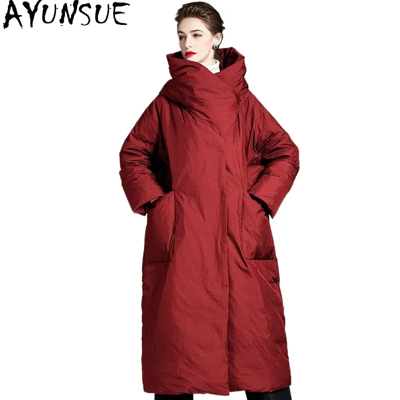 AYUNSUE White Duck Down Puffer Jacket Women Burgundy Plus Size Down Coats Winter Long Coat Womans Clothing Пуховик Женский 2024