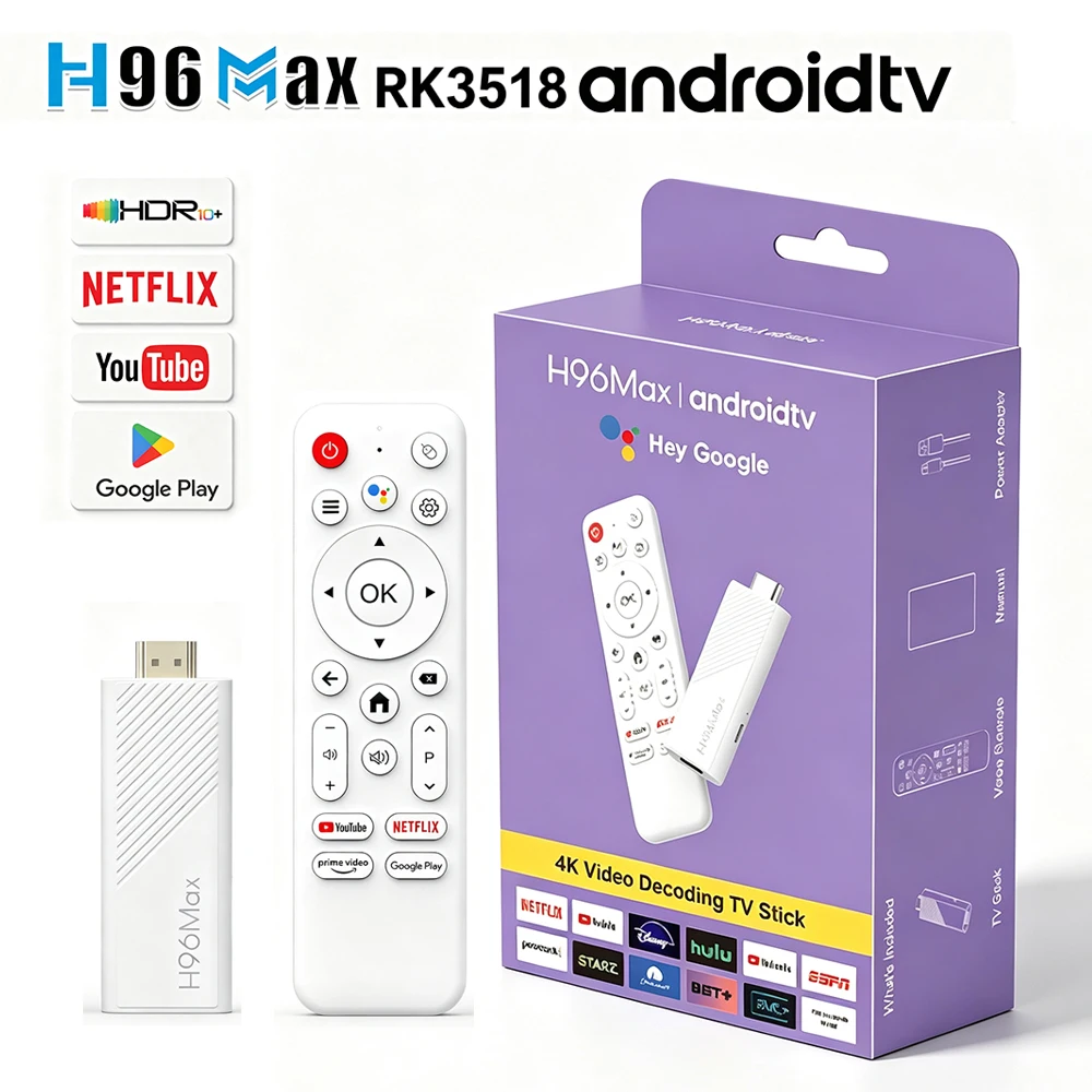 H96Max RK3518 TV Stick Android14 Quad Core BT5.0 4K@60fps 2.4G&5G Wifi6 2GB 16GB Google Voice Assistant Media Player AI TV Stick