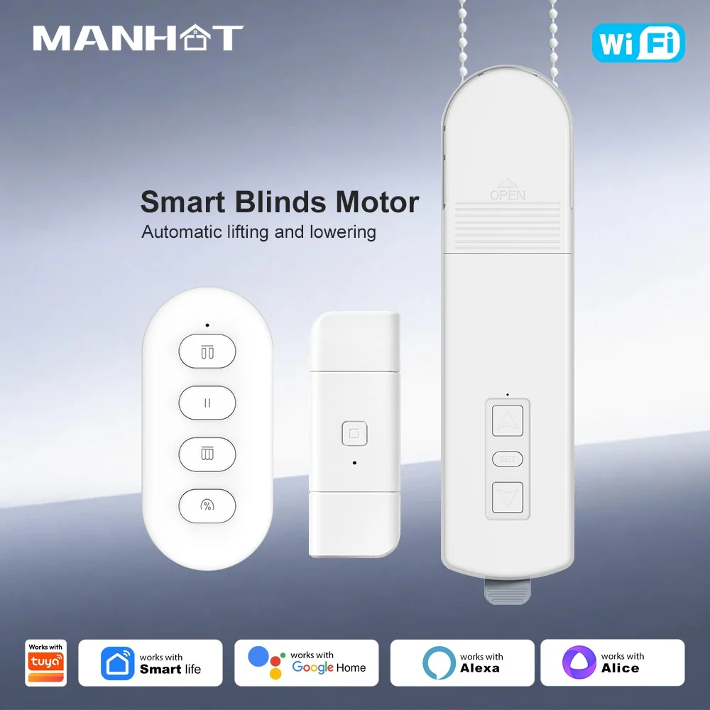 Manhot WIFI Smart Chain Roller Blinds Shade Shutter Drive Curtain Motor Bulit in Battery Rechargeable Works with Tuya APP Alexa