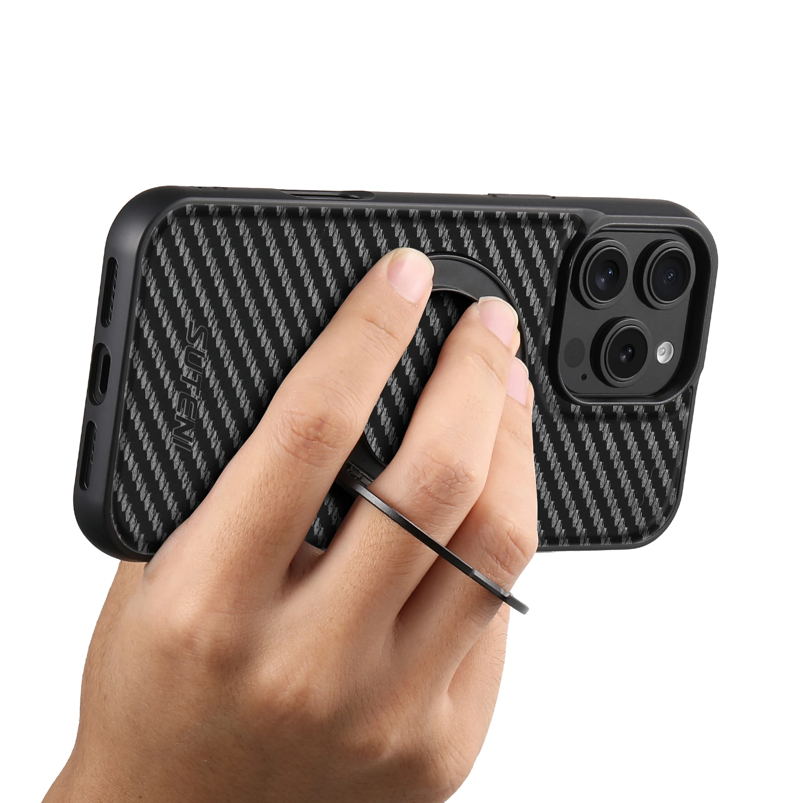 SUTENI Magnet Kabellose Ladehülle für Mobiltelefone 360 ° Drehbarer Ständer mit Kunstleder-Ringschnalle für iPhone 18 Pro Max 17 16 Plus – Detail 11