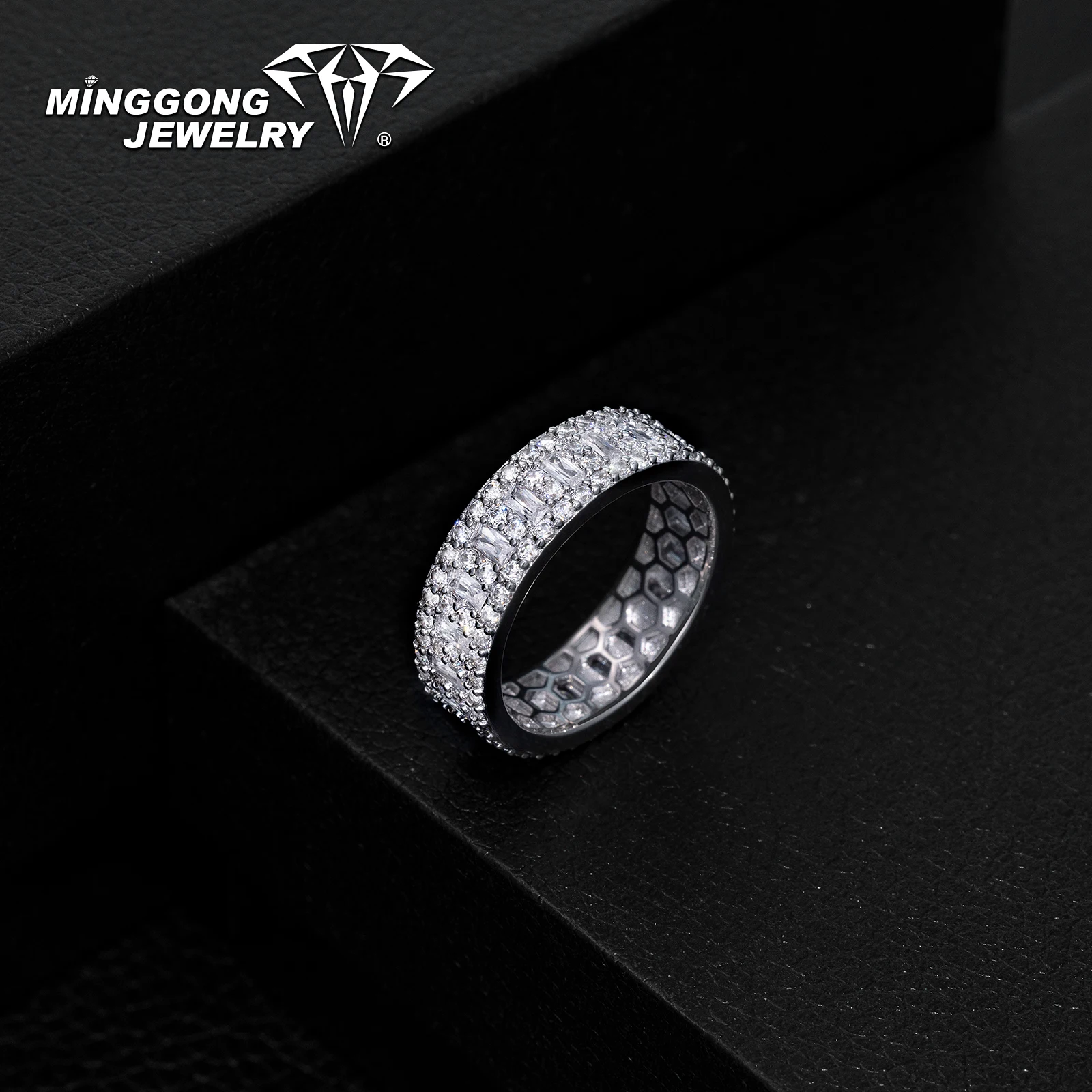 خاتم خطوبة مويسانيتي مثلج كامل 1.5 قيراط قابل للتخصيص S925 فضي مع شريط تصميم جديد من الذهب الصلب عيار 10 قيراط/14 قيراط #4
