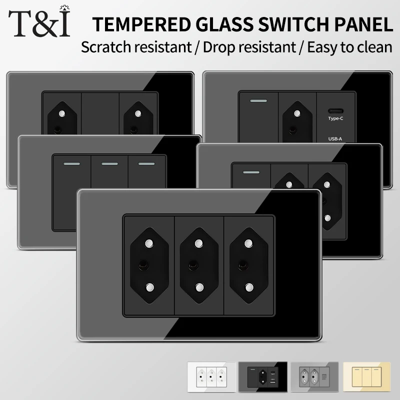 T&I 118 Wall Switch Sockets-Tempered Glass Panel Type-C USB Wall Socket Package for Brazil,  3gang Wall Switch