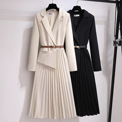 Women's Suit Dress Spring Autumn Solid Elegant Belt Senior Business Fashion Fake Two-piece Long Sleeved Pleated Dresses