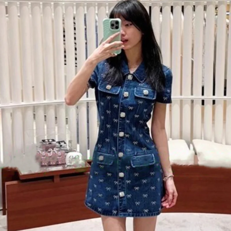 Elegant Bow print Denim Mini Dess For Women Short Sleeve Singel Breasted Pocket lapel Robe 2025 New Summer Commuter Y2k Clothing