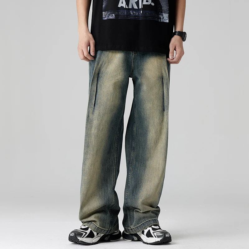 High end patchwork men jeans embroidered with fashionable retro vintage distressed loose fitting straight leg design denim pants