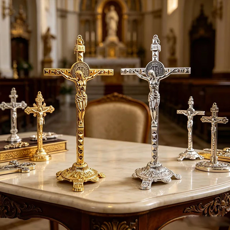 Katholisches Stehendes Kruzifix, Altarkreuz, Metallstatue von Jesus Christus für Tischdekoration, religiöse christliche Ornamente in Gold und Silber – Detail 3