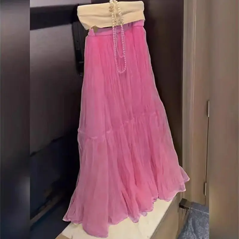 

Новая розовая сетчатая многослойная юбка, женская мода, летние трапециевидные юбки трапециевидной формы с высокой талией, тюлевые юбки, элегантная вечерние женская одежда Jupe