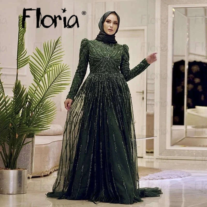 Floria Middle East Green Prom Dress Beaded A Line Muslim Bridal Gowns Plus Size Wedding Party Gowns Reception Fromal Dresses