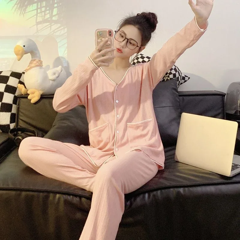 Pajamas Female Spring and Autumn Payment Pure Cotton Long Sleeve New Style Sex Appeal Korean Version Simple V-neck Apricot Set