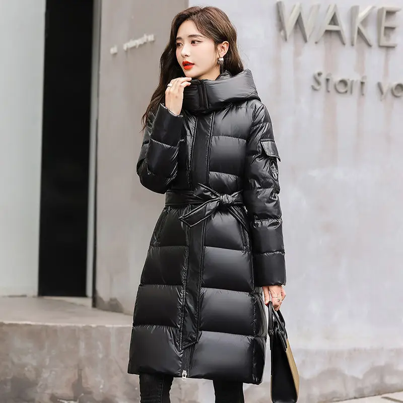 2024 Winter Coat For Women\'s Down Cotton Long Padding Jackets Woman Clothing Wear Belt Korean Print Parkas Snow Fashion Outwear