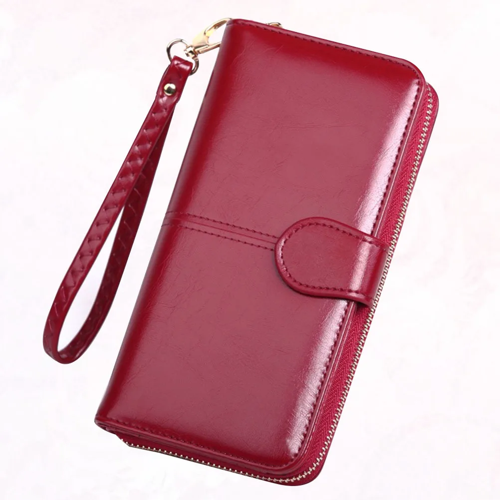 

Premium Oil Wax PU Wallet for Women Long Zipped Purse with Wrist Fastener Portable Coin Pocket Daily Use Pack
