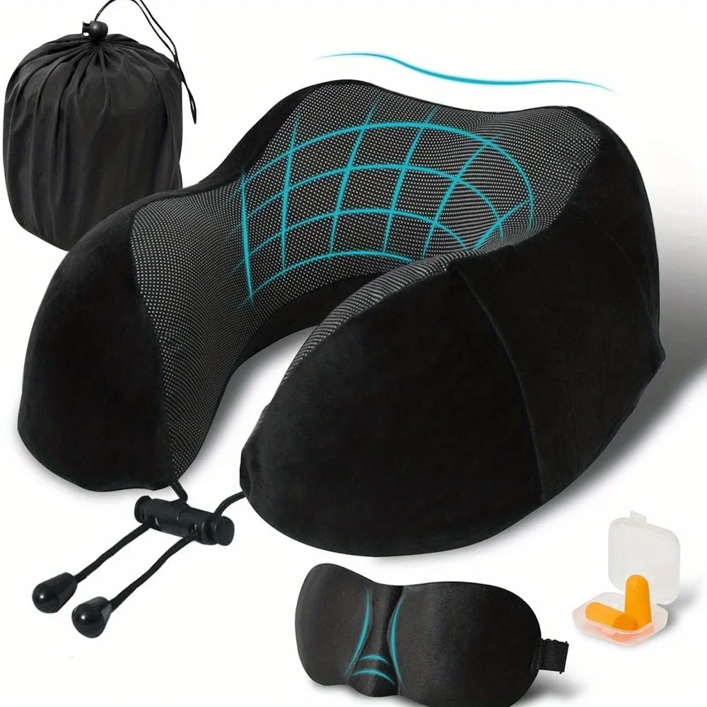 

Travel Pillow, Airplane Sleep Travel Pillow, Memory Foam Neck Pillow Set Includes Eye Mask, Earplugs, and Storage Pouch