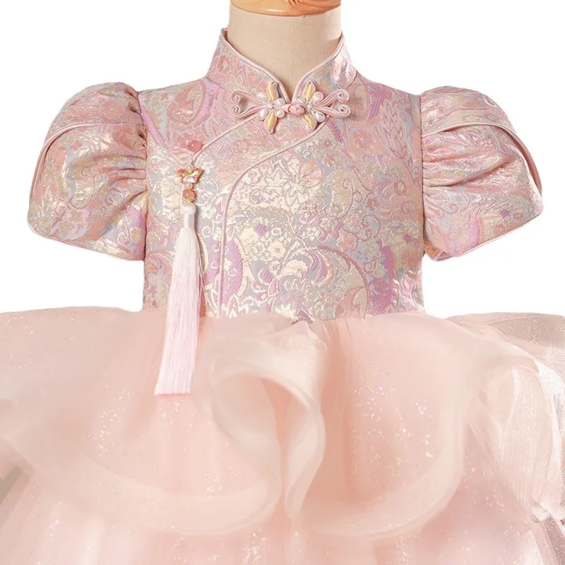 فستان عيد الميلاد الأول للفتيات على الطراز الصيني وردي الاتجاه الوطني Guzheng أداء زي فستان الأميرة للأطفال بدلة تانغ Ch #5