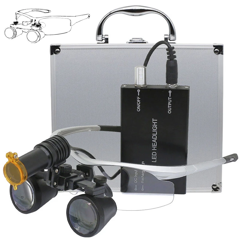 2.5X/3.5X Dental Binocular Loupes 5W LED Medical Headlight with Yellow Filter Rechargeable Li-ion Battery Aluminum Box