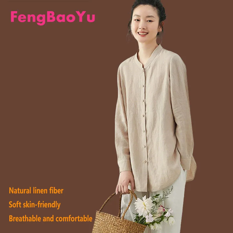 

Женская рубашка Fengbaoyu из 100% натурального льна с длинным рукавом, воротником-стойкой, элегантная, повседневная, комфортная, приятная для кожи