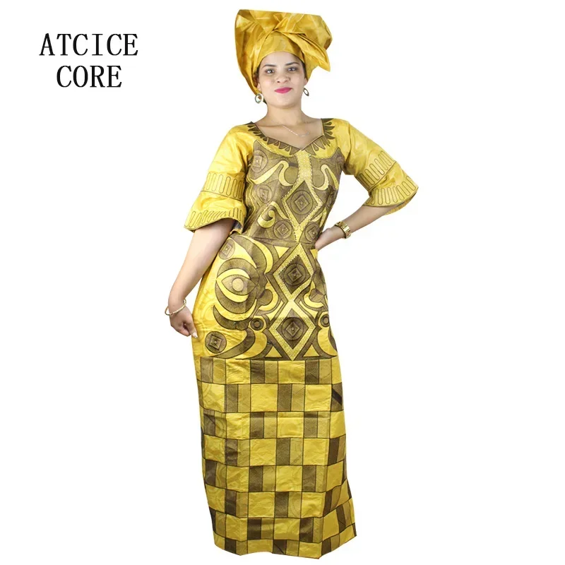 Bazin Riche-Robe africaine longue avec écharpe pour femme, broderie informatique, grande taille