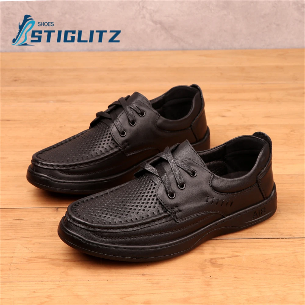 

Leather and Breathable Mesh Flats Round Toe Stitched Lace-Up Moccasins Oxford Soft Sole Comfortable Casual Leather Shoes for Men